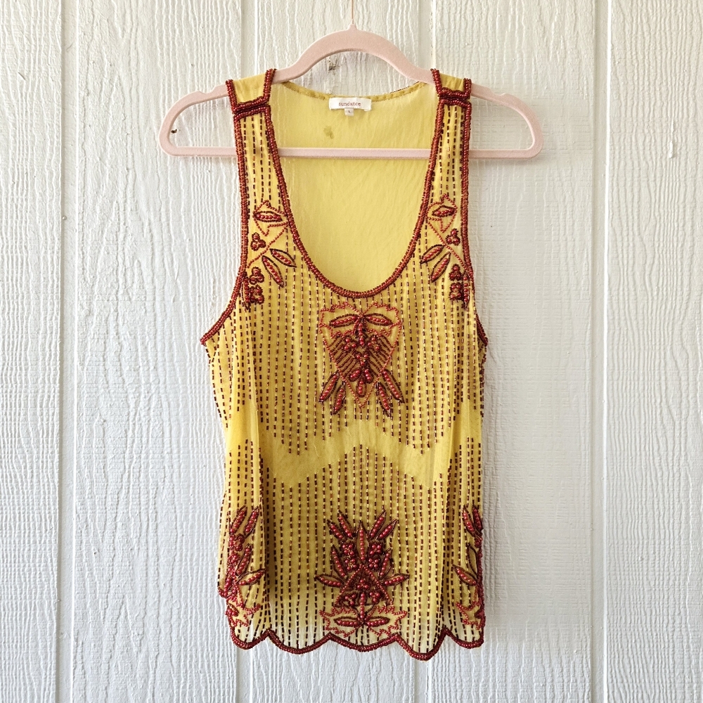 Sundance Mesh Yellow & Red Beaded Tank Top Lined Festival Boho Western Large - Picture 7 of 8